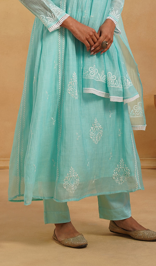 Women's Lakhnavi Handcrafted Mul Chanderi Chikankari Stitched Kurta, Dupatta And Pant Set - HONC0824547