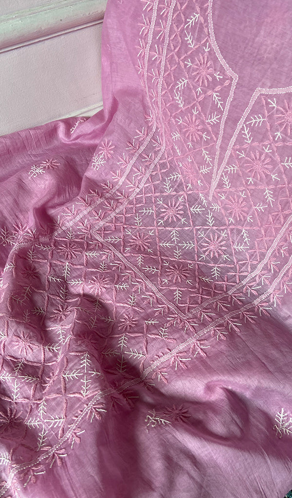 Women's Lakhnavi Handcrafted Chanderi Silk Unstitched Chikankari Full Suit - HONC0369259