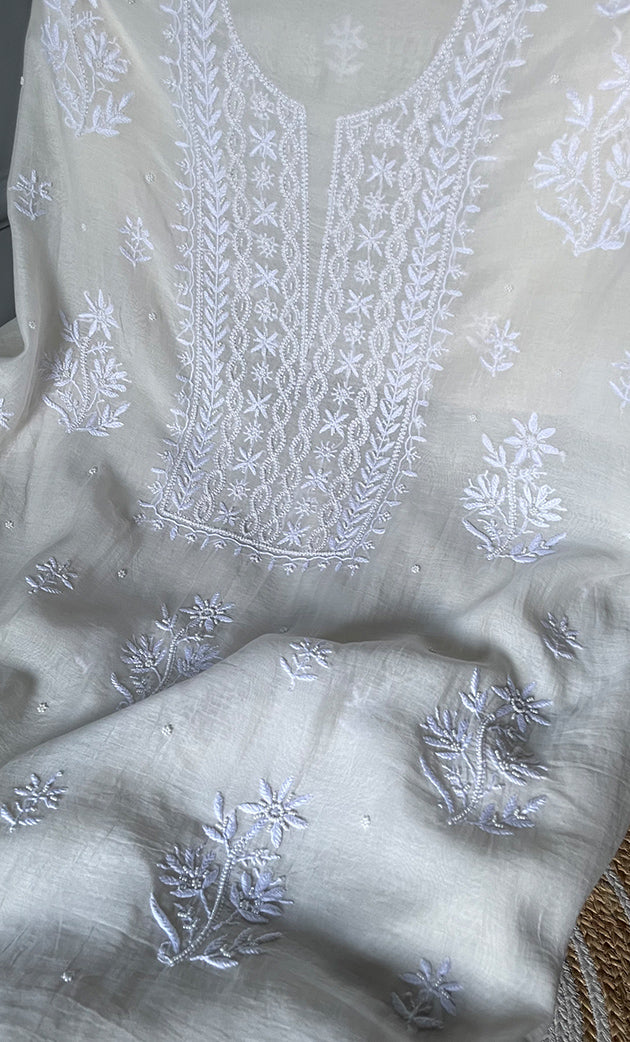 Women's Lakhnavi Handcrafted Mul Chanderi Unstitched  Kurta And Dupatta Set - HONC0305484