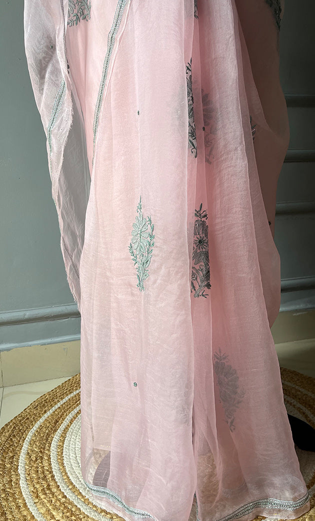 Amna Women's Lucknowi Handcrafted Pure Organza Silk Chikankari Saree - HONC0294413