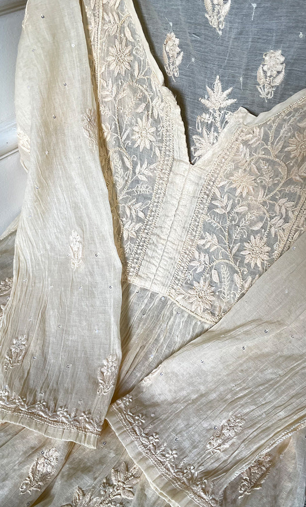 Women's Lakhnavi Handcrafted Mul Chanderi Semi - stitched Chikankari Full Suit Material - HONC0319556