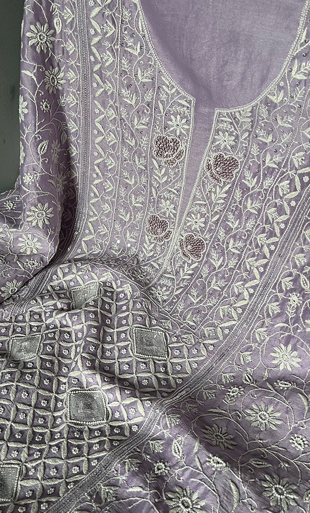 Baseema Women's Lucknowi Handcrafted Chanderi Silk Chikankari Full Suit Material - HONC0268499