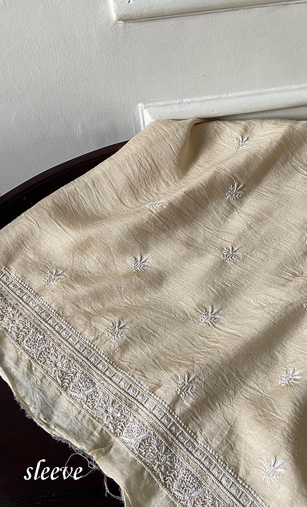 Lucknowi Handcrafted Munga Silk Unstitched Chikankari Unisex Kurta Fabric - HONC0330257