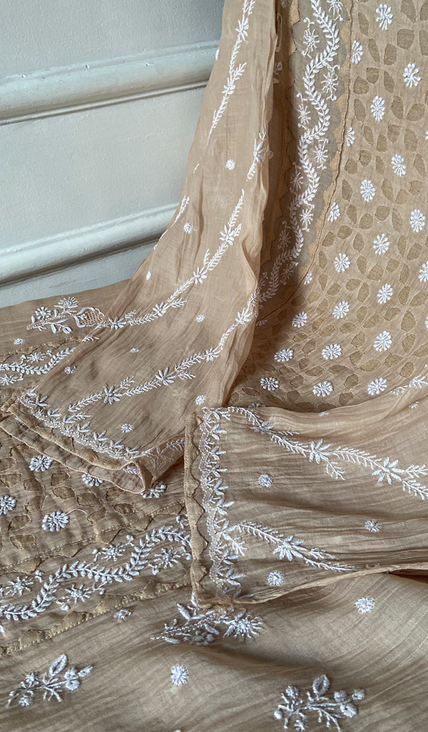 Women's Lakhnavi Handcrafted Mul Chanderi Semi - Stitched Kurta And Dupatta Set - HONC0339041