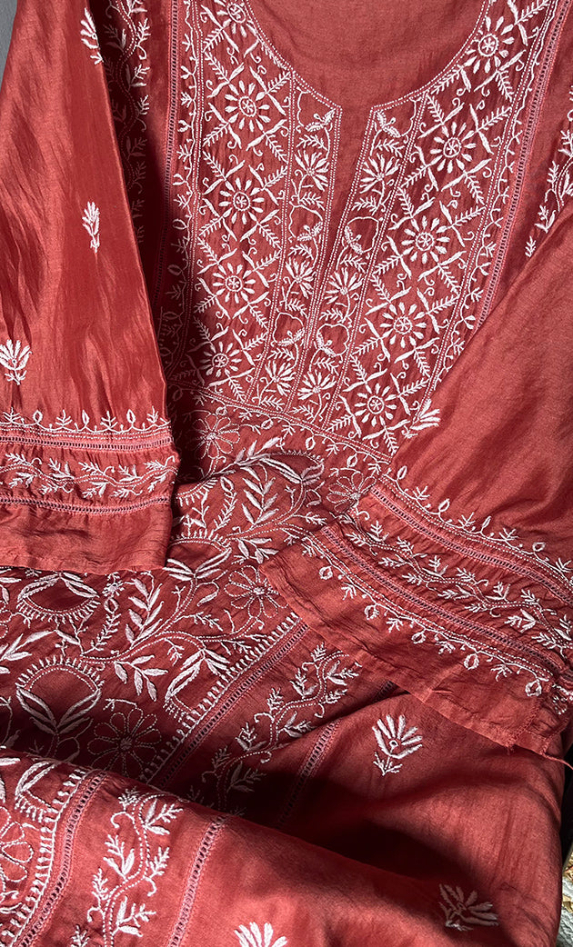 Women's Lakhnavi Handcrafted Chanderi Silk Semi - Stitched Kurta And Dupatta Set - HONC0308700