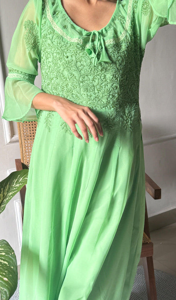 Women's Lakhnavi Handcrafted Faux-Georgette Chikankari Anarkali Dress - HONC0389400