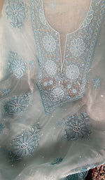 Load image into Gallery viewer, Women's Lakhnavi Handcrafted Pure Organza Chikankari Unstitched Kurta And Dupatta Set- HONC0340863