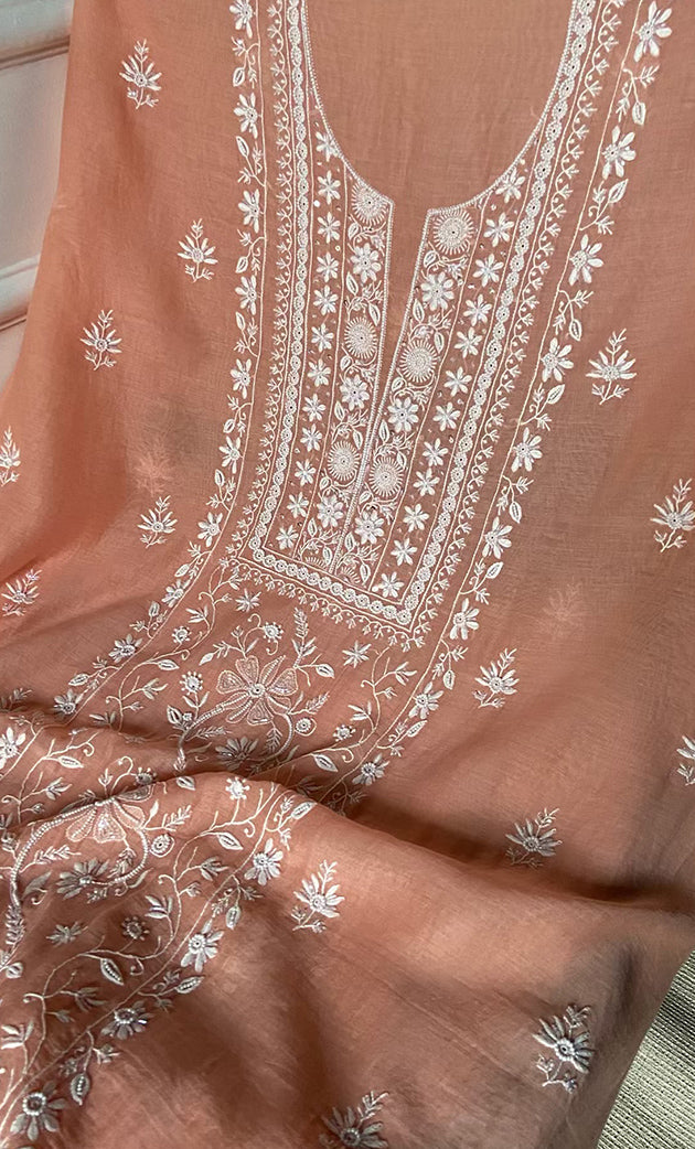Women's Lakhnavi Handcrafted Mul Chanderi Unstitched Kurta And Dupatta Set - HONC0307211