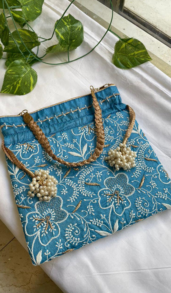 Green Chikankari Embroidered Potli Clutch  Bag with Golden Bead Tassels - HONC0316098