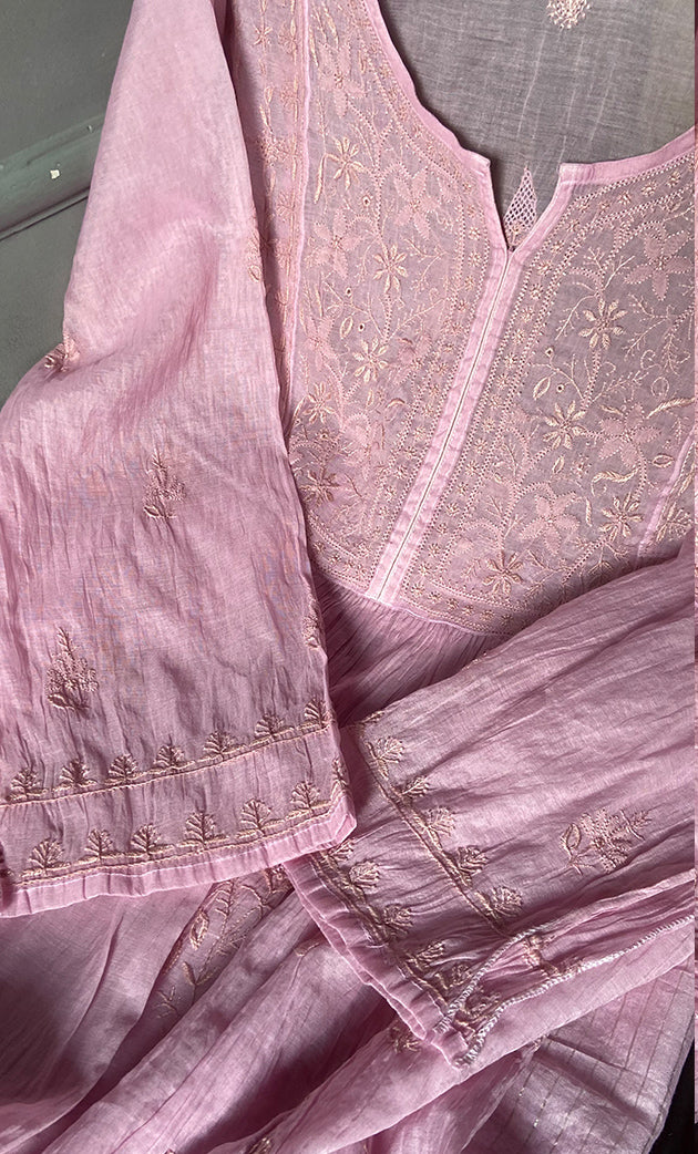 Women's Lakhnavi Handcrafted Mul Chanderi Semi - Stitched Kurta And Dupatta Set - HONC0303412