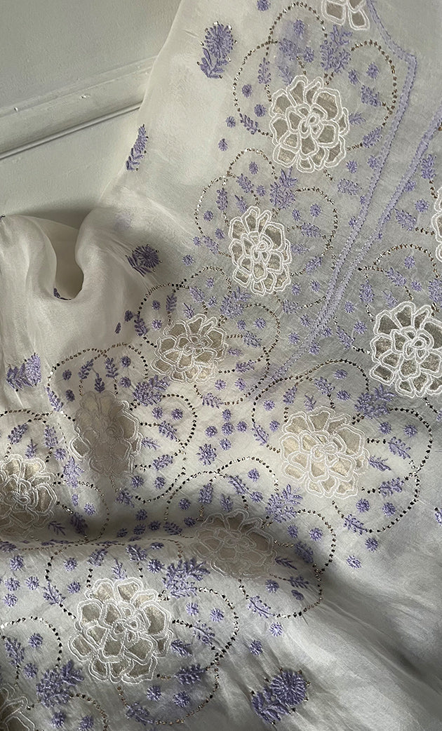 Mainaaj  Women's Lakhnavi Handcrafted Pure Organza Chikankari Unstitched Kurta And Dupatta Set- HONC0327338