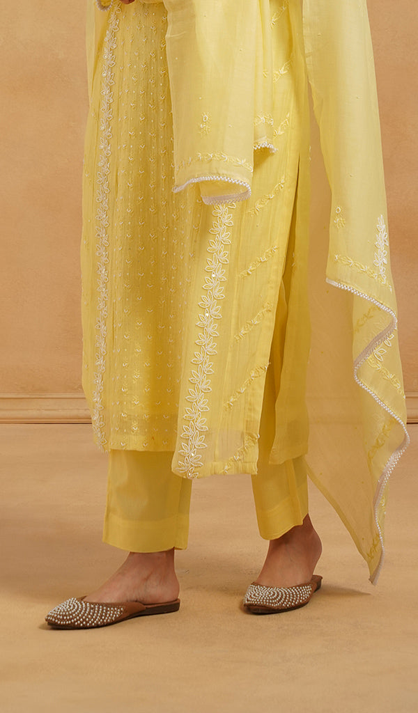 Saziya Women's Lakhnavi Handcrafted Mul Chanderi Chikankari Stitched Kurta, Dupatta And Pant Set - HONC0798462