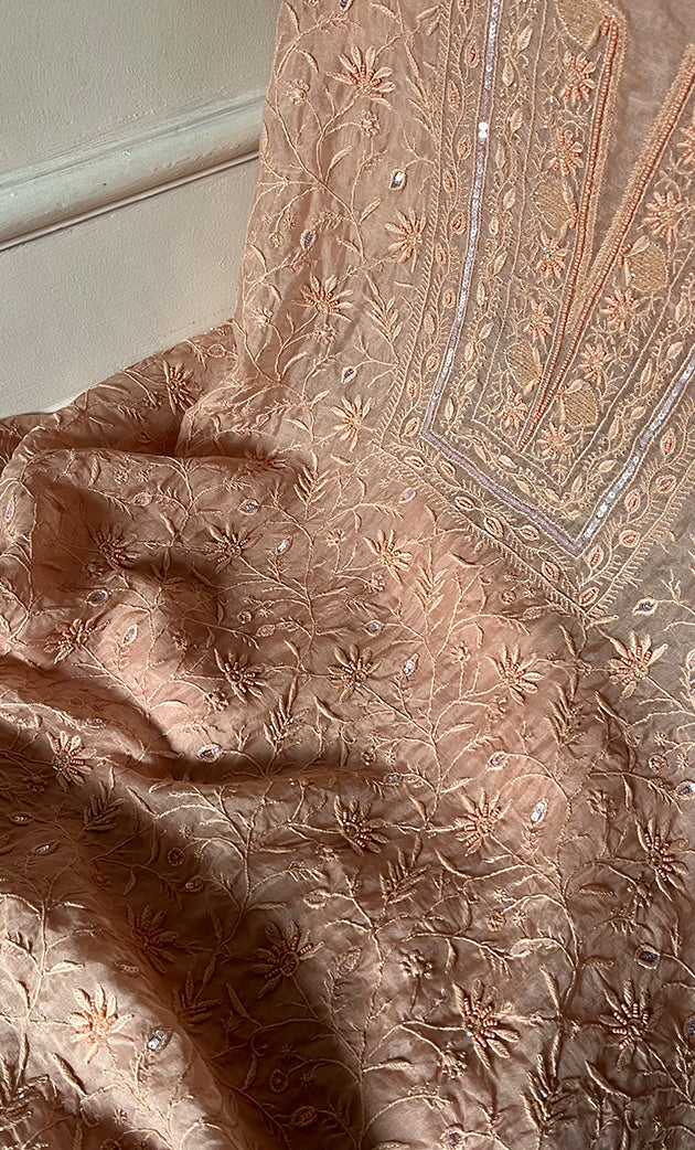 Women's Lakhnavi Handcrafted Pure Organza Chikankari Unstitched Kurta And Dupatta Set- HONC0327850