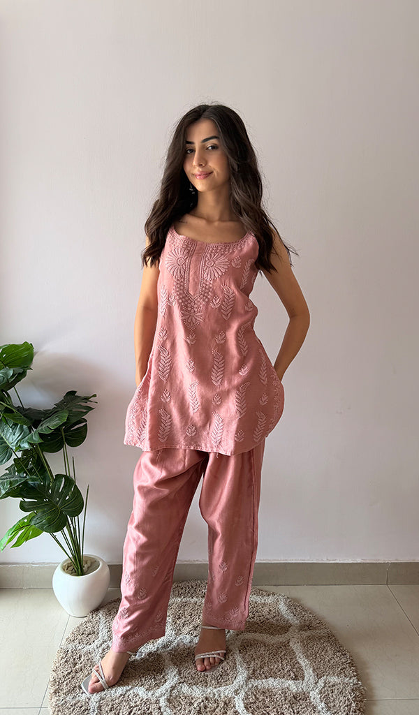 Amreena Women's Lakhnavi Handcrafted Chanderi Silk Chikankari Top And Pant Set - HONC0373449