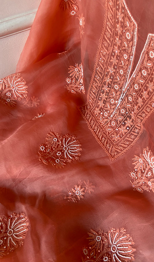 Women's Lakhnavi Handcrafted Pure Organza Chikankari Unstitched Kurta And Dupatta Set- HONC0351137