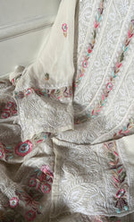 将图像加载到图库查看器中， Women's Lakhnavi Handcrafted Pure Silk Georgette Unstitched Chikankari Anarkali And Dupatta Set- HONC0313288