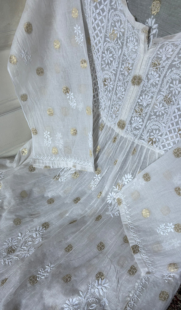 Women's Lakhnavi Handcrafted Mul Chanderi Semi - Stitchd Kurta And Dupatta Set - HONC0352064