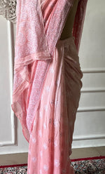 Load image into Gallery viewer, Women's Lakhnavi Handcrafted Pure Silk Georgette Chikankari Saree - HONC0285571