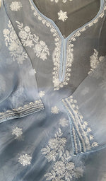 Load image into Gallery viewer, Women's Lakhnavi Handcrafted Pure Organza Chikankari Semi stitched Kurta And Dupatta Set- HONC0348612