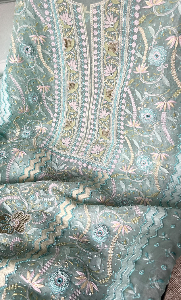 Women's Lakhnavi Handcrafted Pure Organza Chikankari Unstitched Kurta And Dupatta Set- HONC0321452