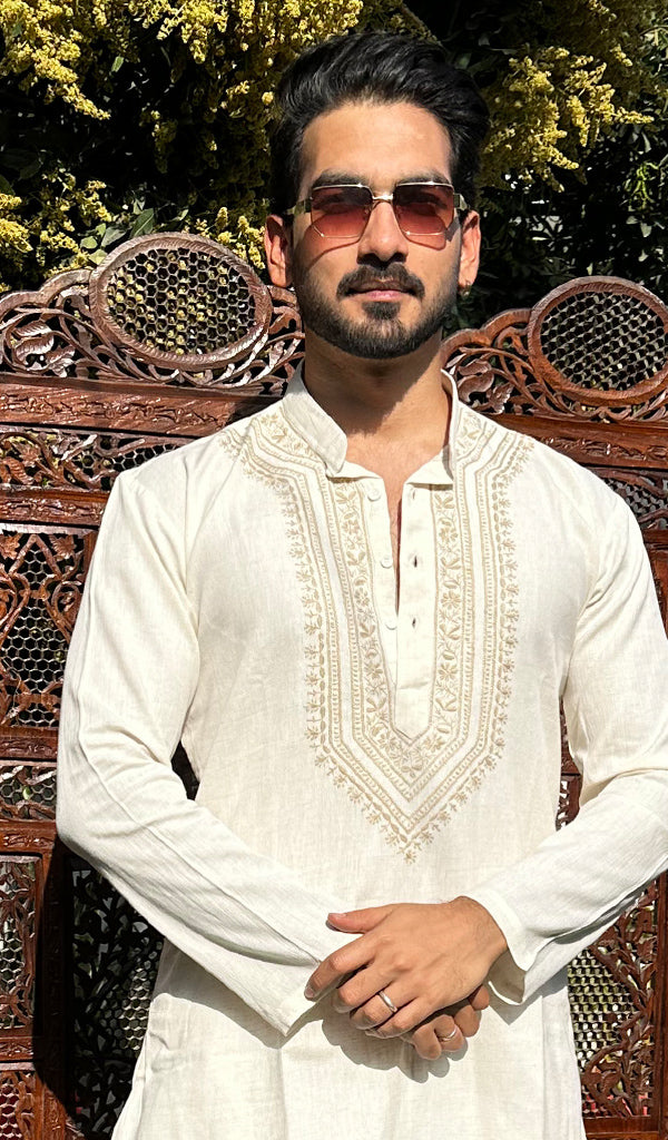 Men's Lucknowi Handcrafted Cotton Chikankari Kurta - HONC0342354
