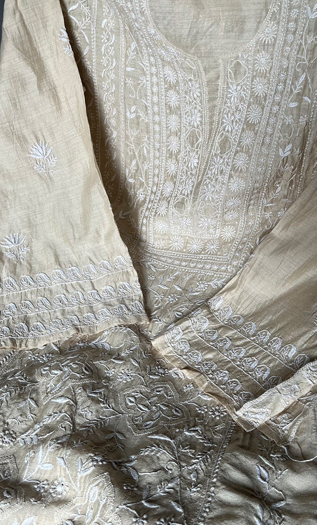 Women's Lakhnavi Handcrafted Munga Silk Semi - Stitched Chikankari Anarkali And Dupatta Set- HONC0283172
