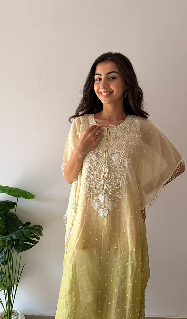 Pragya Women's Lucknowi Handcrafted Mul chanderi Chikankari Kaftan - HONC03615793