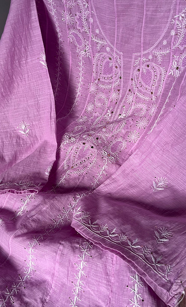 Women's Lakhnavi Handcrafted Linen Cotton Semi -Stitched Anarkali And Dupatta Set - HONC0273153