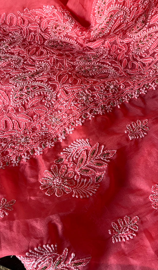 Women's Lakhnavi Handcrafted Organza Chikankari Unstitched Kurti Fabric - NC026663