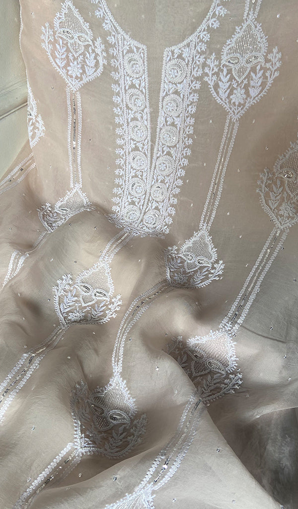 Women's Lakhnavi Handcrafted Pure Organza Chikankari Unstitched Kurta And Dupatta Set- HONC0346142