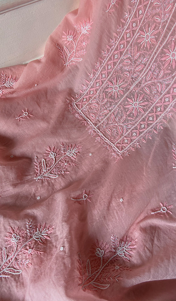 Women's Lakhnavi Handcrafted Mul Chanderi Unstitched Chikankari Full Suit Material - HONC0354633