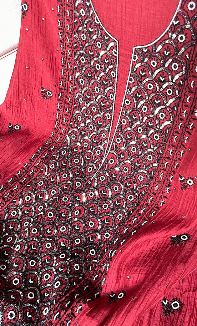 Women's Lakhnavi Handcrafted Unstitched Mul Chanderi Kurta And Dupatta Set - HONC0324074