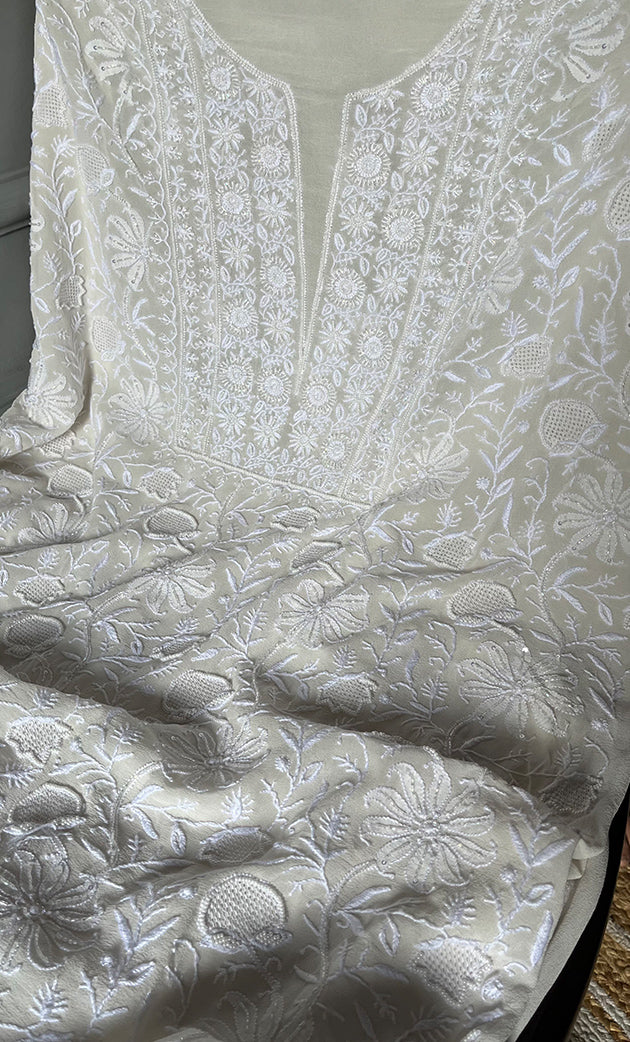 Women's Lakhnavi Handcrafted Pure Silk Georgette Chikankari Kurta And Dupatta Set- HONC0289957