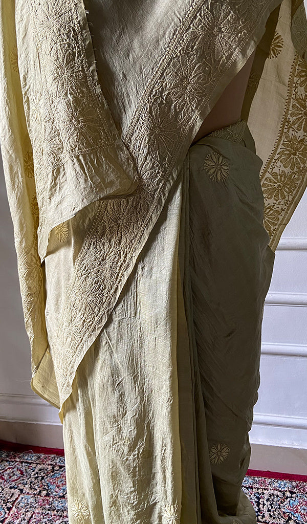 Women's Lakhnavi Handcrafted Tussar Silk Chikankari Saree - HONC0307380