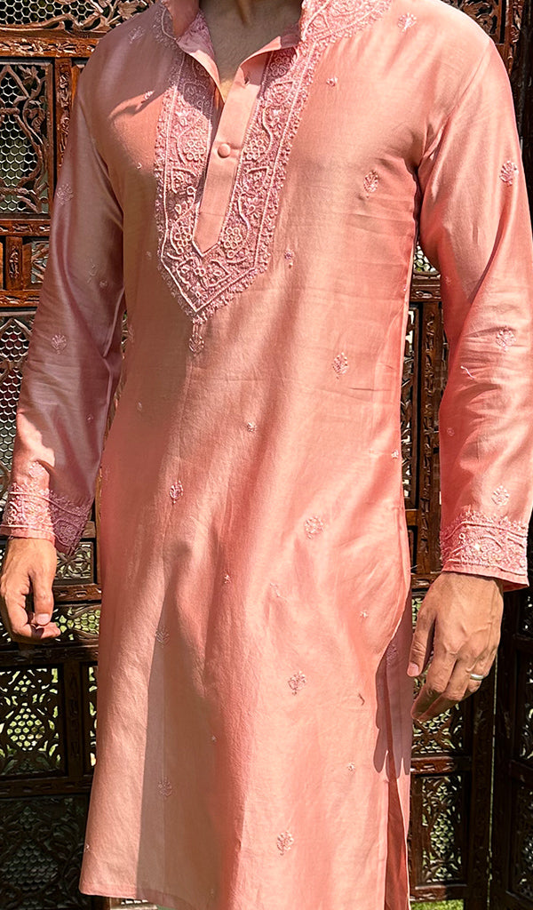 Men's Lucknowi Handcrafted Chanderi Chikankari Silk Kurta - HONC03224280