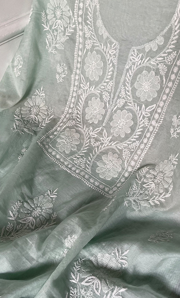 Women's Lakhnavi Handcrafted Mul Chanderi Unstitched Chikankari Full Suit Material - HONC0274498