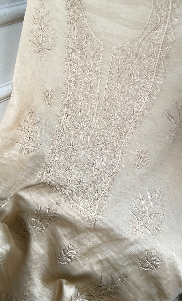 Women's Lakhnavi Handcrafted Mul Chanderi Unstitched Chikankari Full Suit Material - HONC0319529