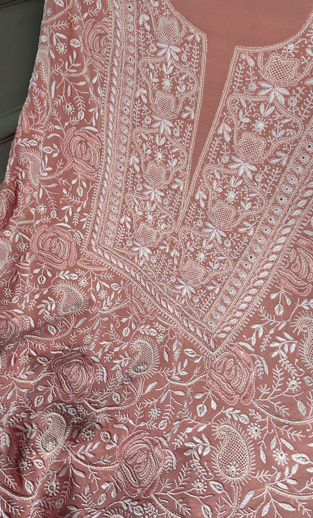 Women's Lakhnavi Handcrafted Pure Silk Georgette Chikankari Kurta And Dupatta Set - HONC0291001