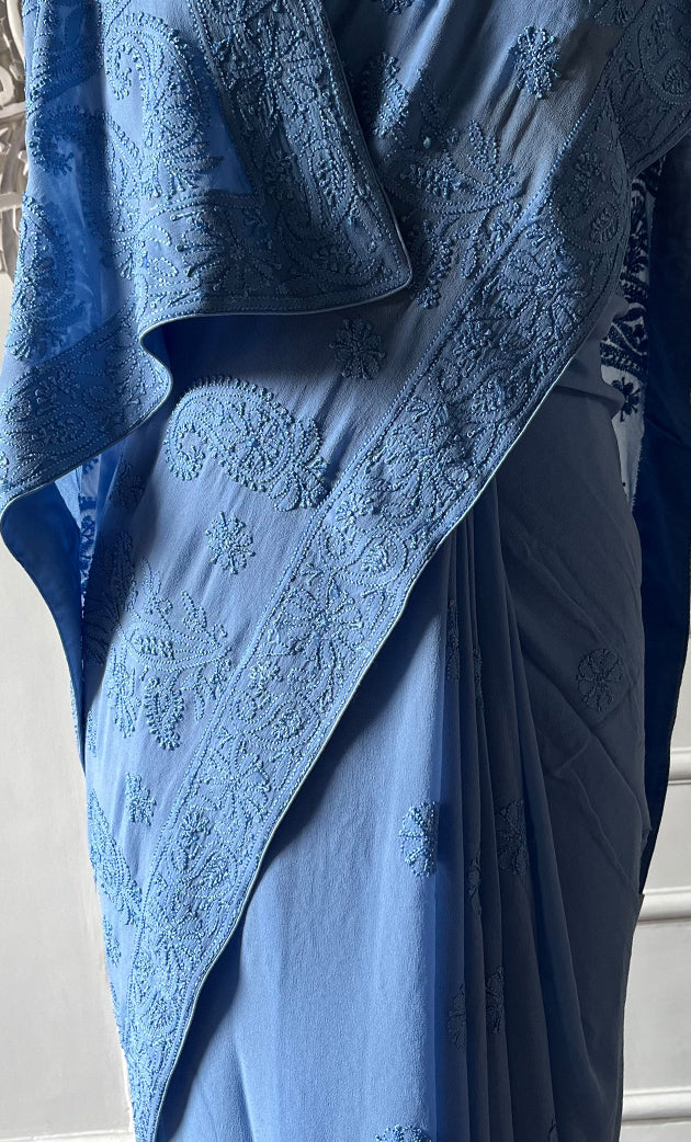 Women's Lakhnavi Handcrafted Pure Silk Georgette Chikankari Saree - HONC0318707