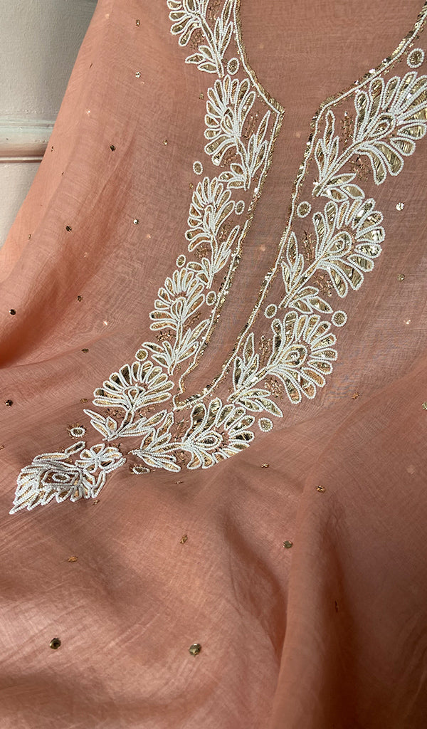 Women's Lakhnavi Handcrafted Mul Chanderi Unstitched Kurta And Dupatta Set - HONC0348568