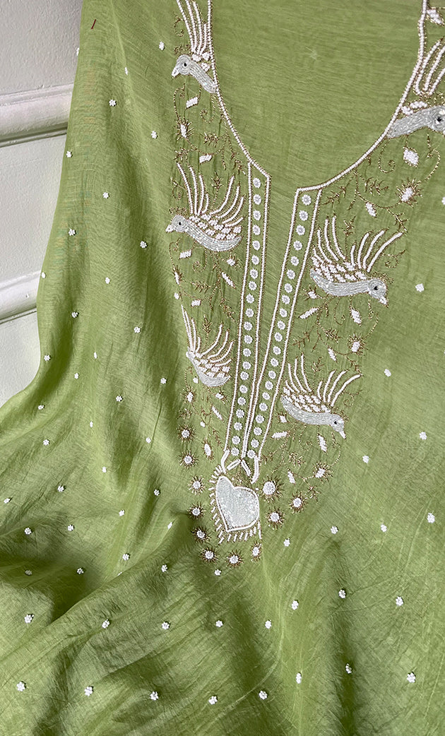 Chidiya Women's Lakhnavi Handcrafted Mul Chanderi Unstitched Kurta And Dupatta Set- HONC0330295