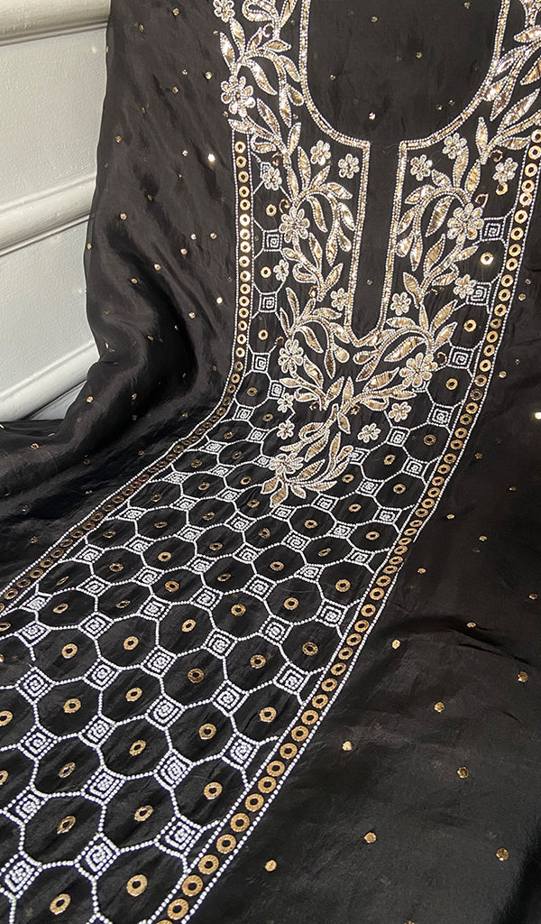 Women's Lakhnavi Handcrafted Pure Organza  Silk Chikankari Unstitched Full Suit Material - HONC0313611