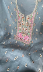 将图像加载到图库查看器中， Women&#39;s Lakhnavi Handcrafted Pure Organza  Silk Chikankari Unstitched Full Suit Material - HONC0267223

