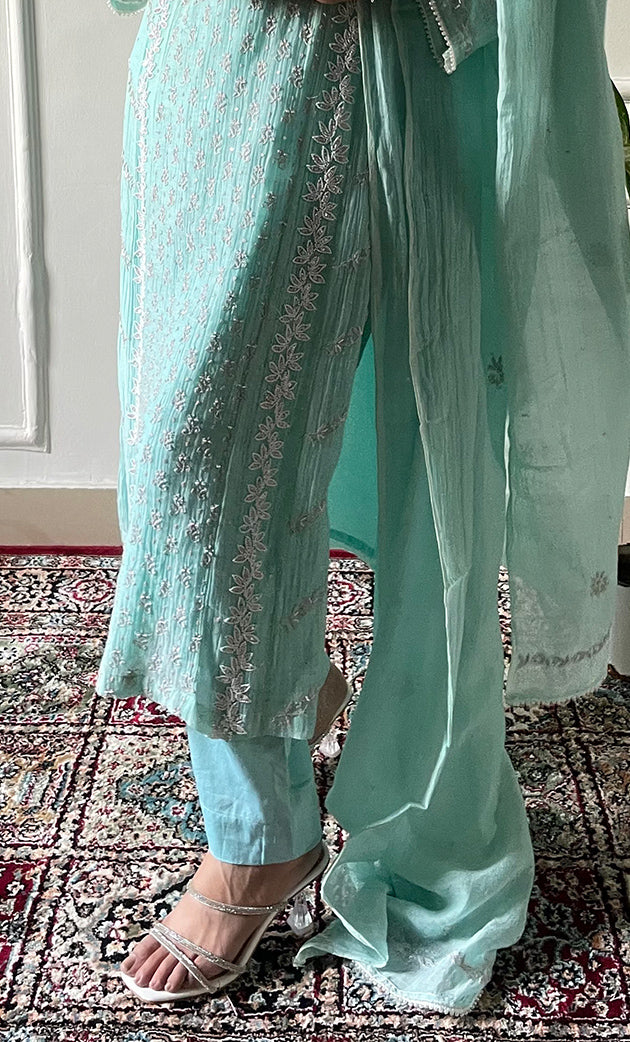 Women's Lakhnavi Handcrafted Mul Chanderi Chikankari Stitched Kurta, Dupatta And Pant Set - HONC0322167