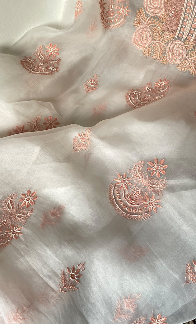 Mehnaj Women's Lakhnavi Handcrafted Pure Organza Chikankari Unstitched Kurta And Dupatta Set- HONC0316460