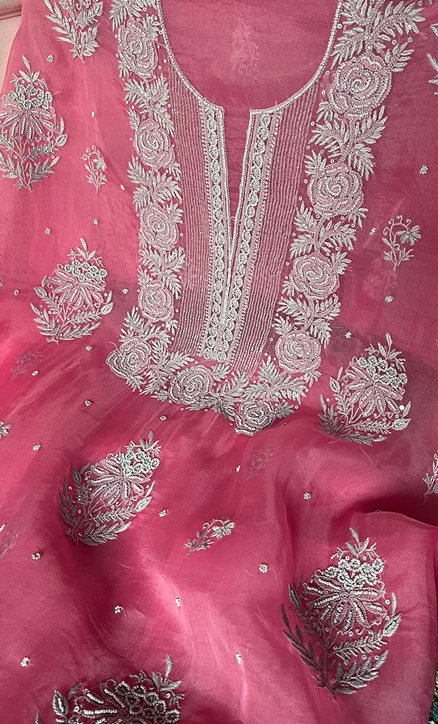 Gulaab Women's Lakhnavi Handcrafted Pure Organza Chikankari Unstitched Kurta And Dupatta Set- HONC0311846