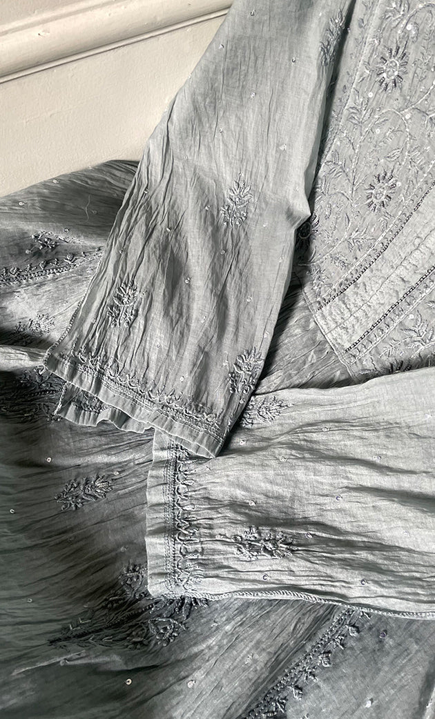 Women's Lakhnavi Handcrafted Mul Chanderi Semi - stitched Chikankari Full Suit Material - HONC0319558