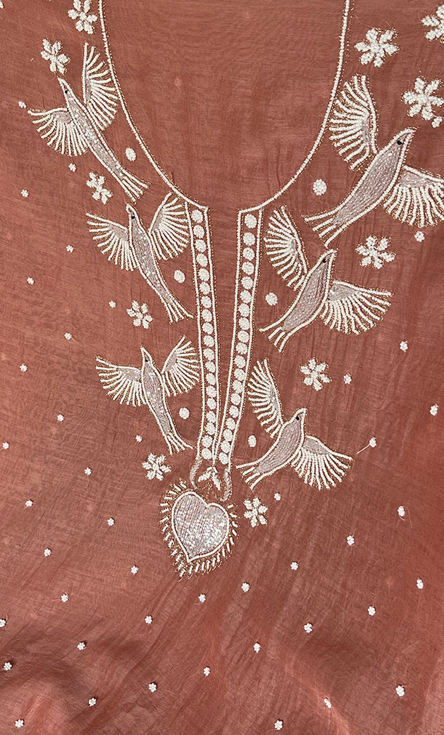 Chidiya Women's Lakhnavi Handcrafted Mul Chanderi Unstitched Kurta And Dupatta Set- HONC0330293