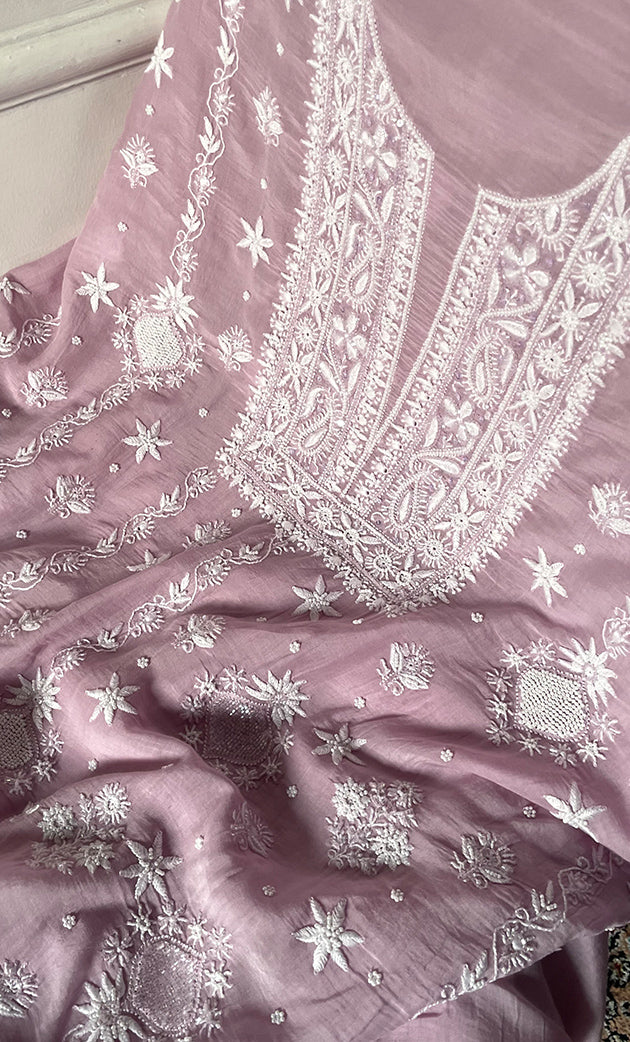 Women's Lakhnavi Handcrafted Unstitched Mul Chanderi Kurta And Dupatta Set - HONC0329033