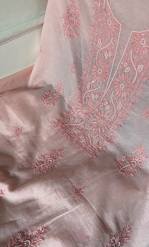 Women's Lakhnavi Handcrafted Mul Chanderi Unstitched Chikankari Full Suit Material - HONC0297193